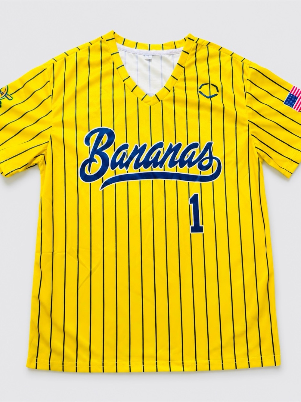 ADULT SMALL SAVANNAH BANANAS #1 V-NECK BASEBALL YELLOW JERSEY PINSTRIPE PRINTED